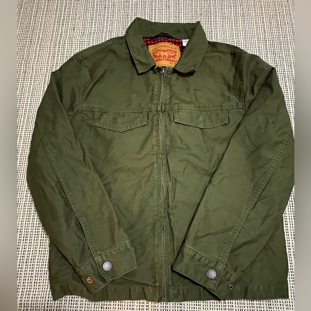 Levi’s Good Harrington Trucker Jacket Kahki Red Flannel Lined, Green, Size XS